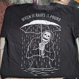 Hot Topic Black Tee with Skeleton and Umbrella Design